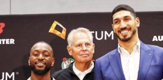 Boston Celtics Enes Kanter introduced to the media along with Kemba Walker and Team President Danny Ainge